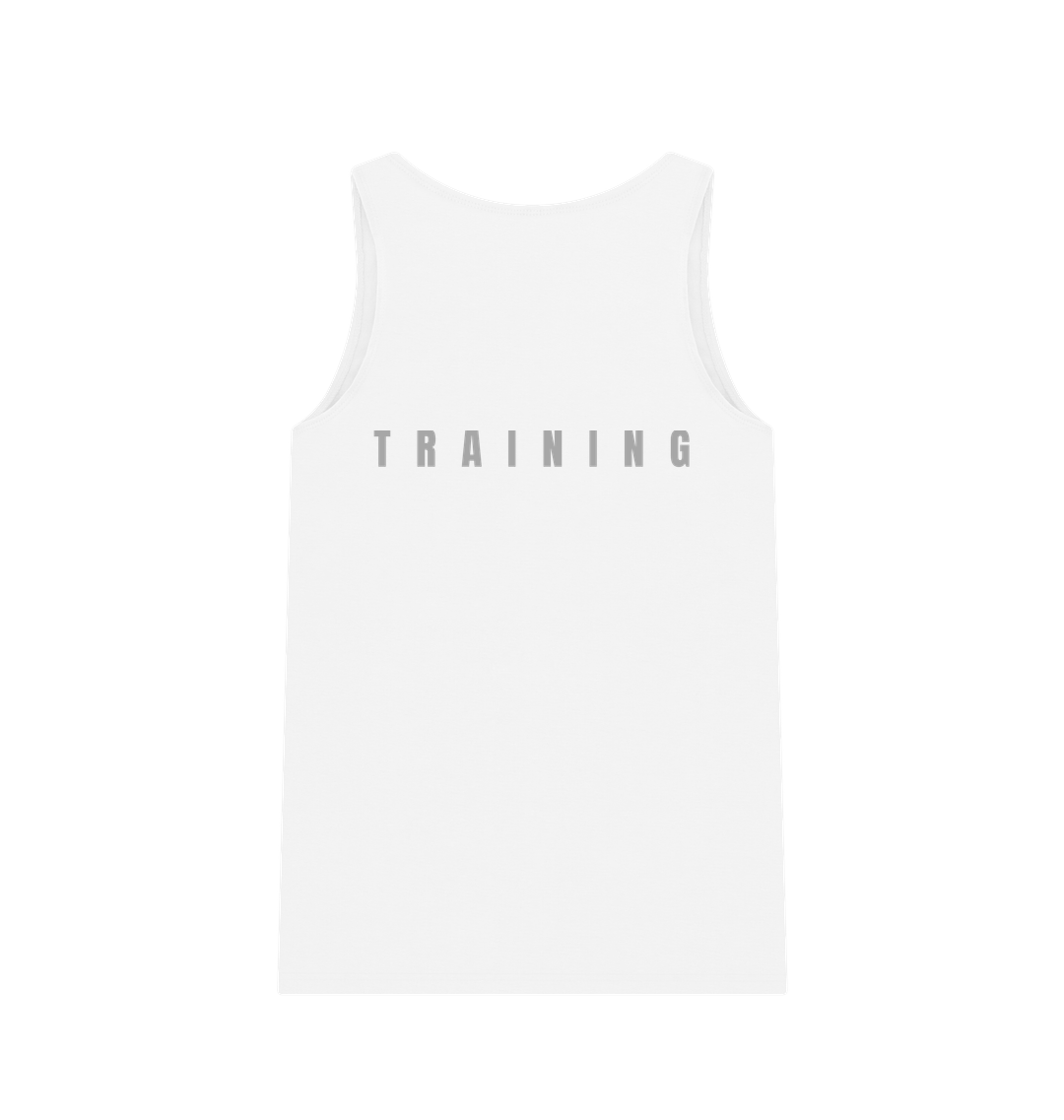 Organic cotton training tank top with size guide and sustainable production details