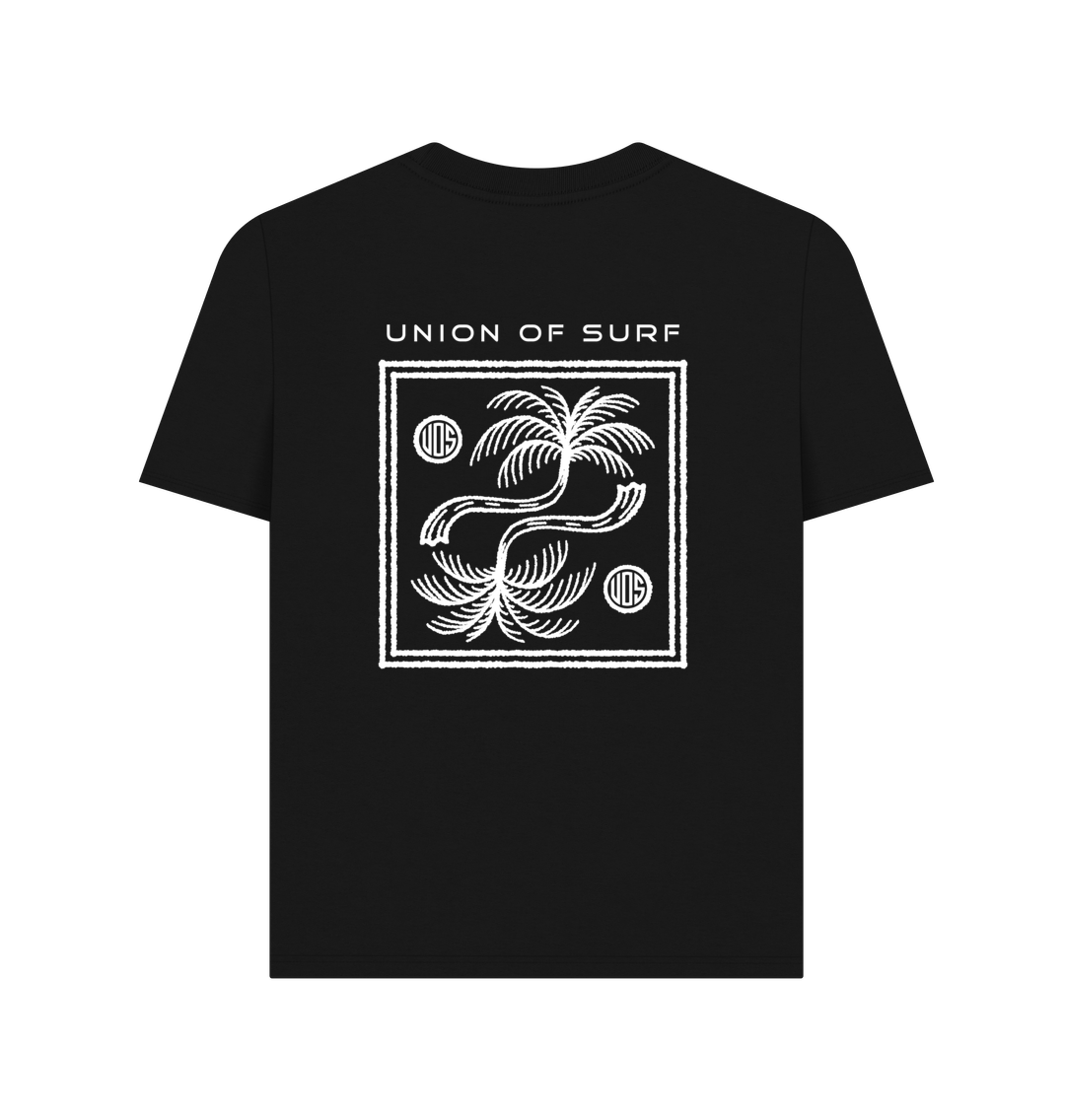 Women's organic cotton relaxed fit t-shirt with palm tree graphic, coastal surf style