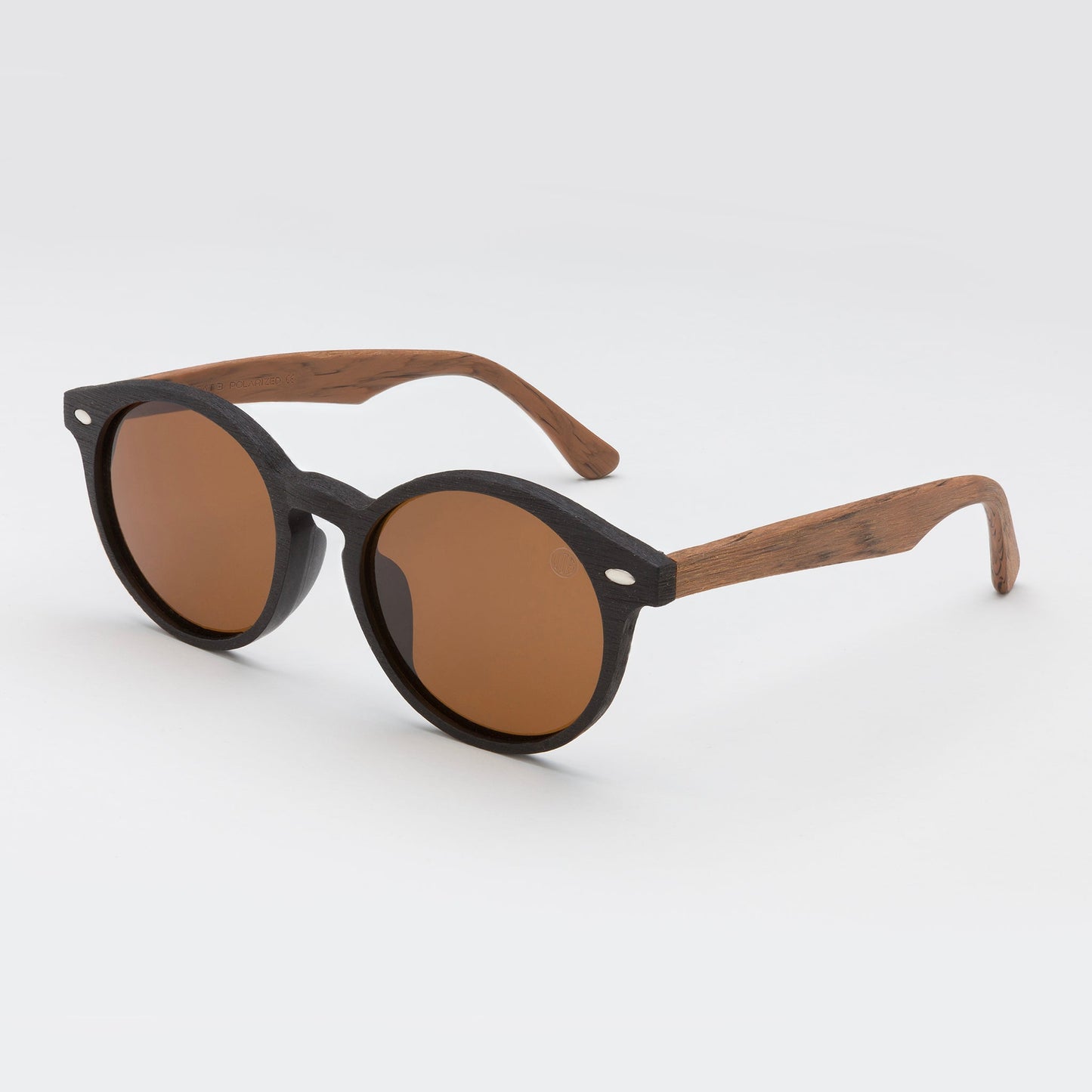 circular sunglasses product photo showing polarised lens and wooden arms