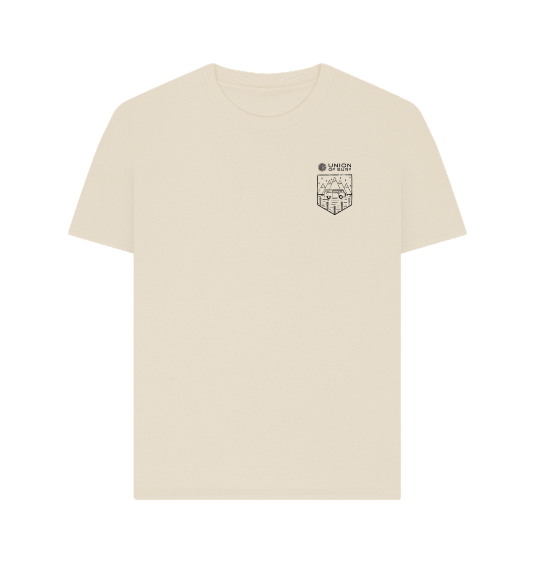 Women's graphic tee featuring Camper Badge design made from organic cotton