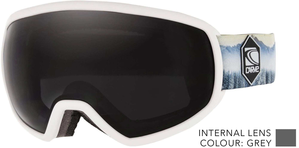 Carve eyewear SHOOTS white frame snow goggles with grey lens and patterned adjustable strap featuring Carve logo.