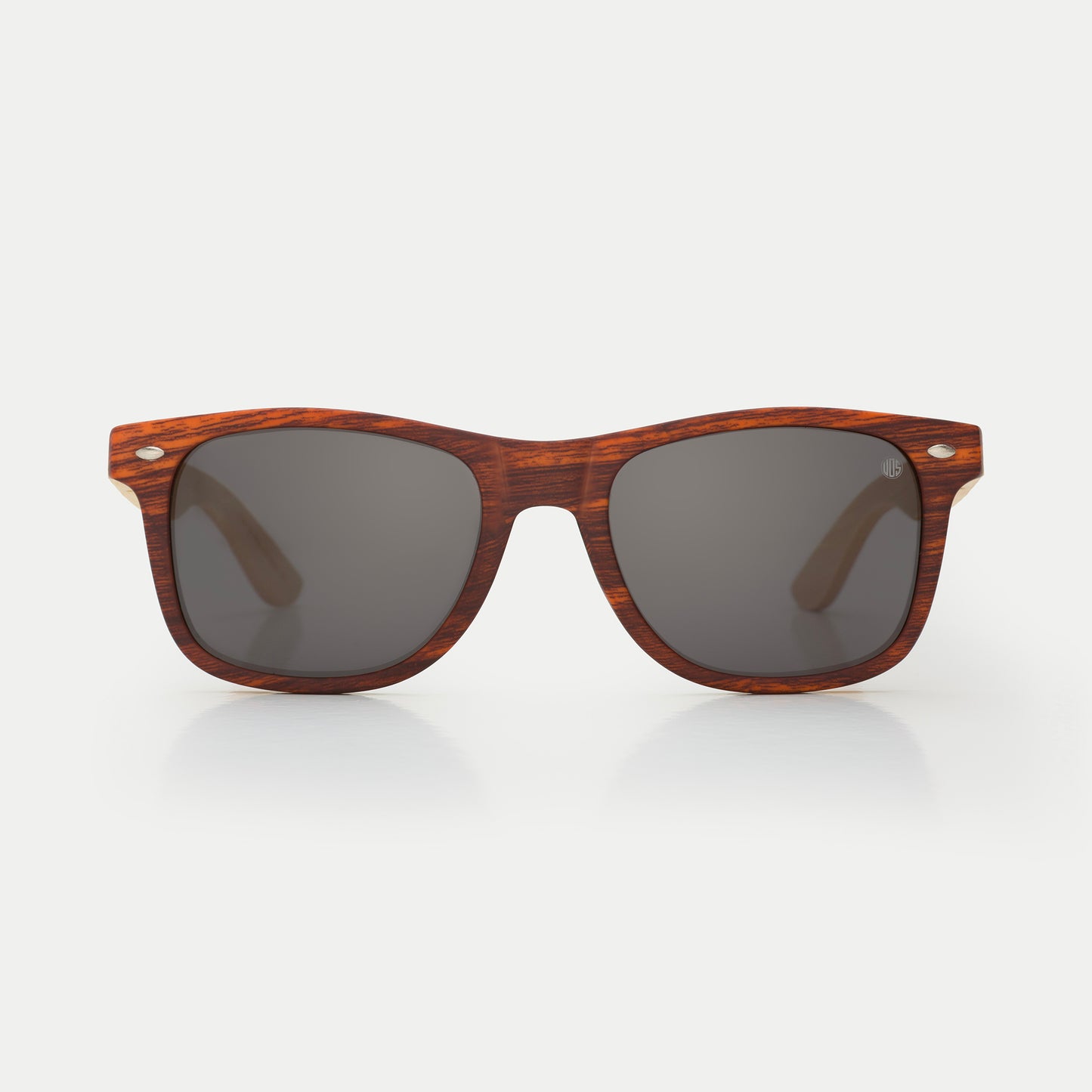 Wooden-framed sunglasses with dark lenses on a white background