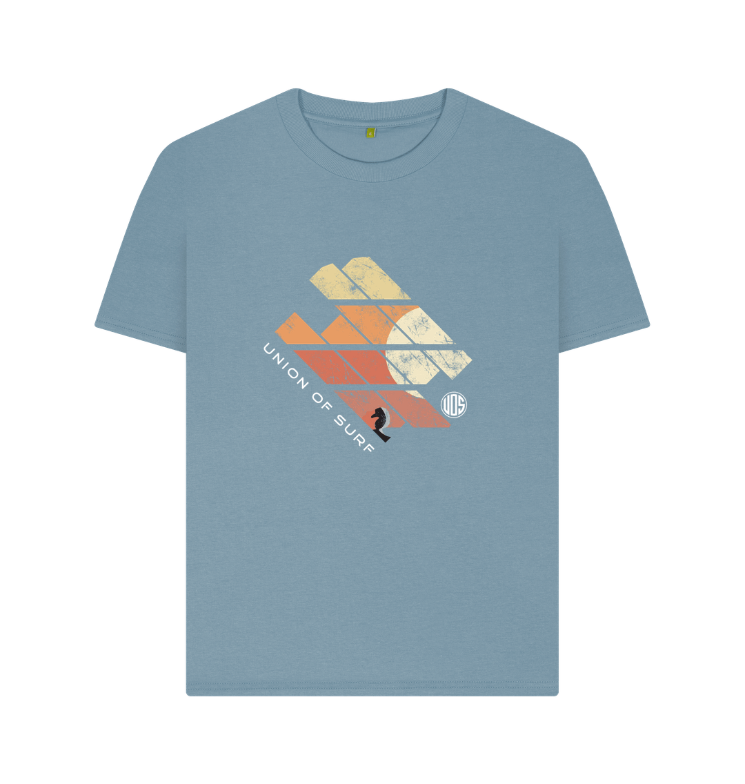 Woman wearing colorful Union Sunset graphic tee made from organic cotton