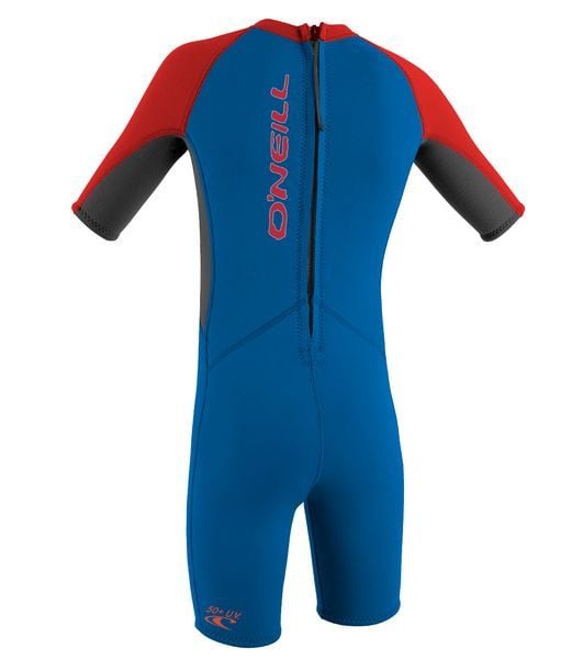 O'Neill Toddlers shorty wetsuit in blue neoprene with red shoulders, black short sleeves and a front zip.