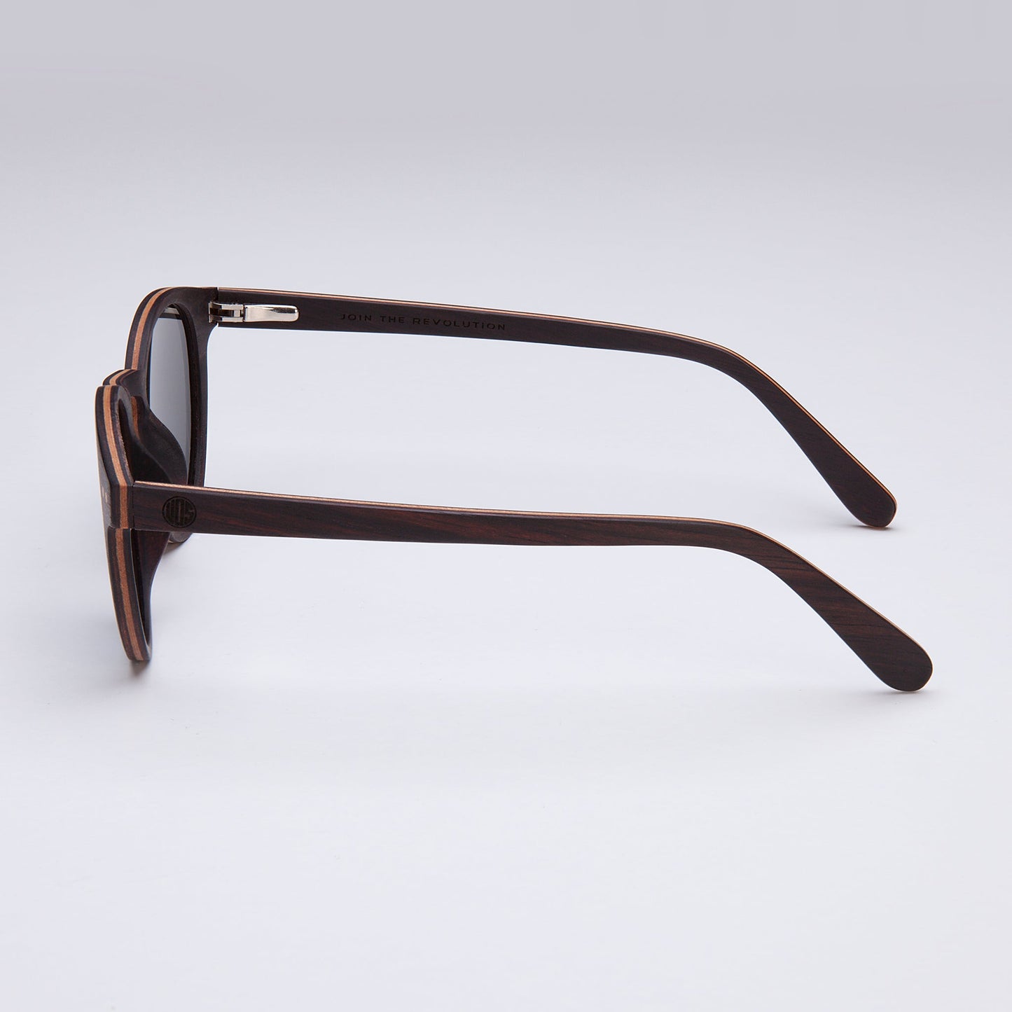 Circular ebony wood sunglasses with orange lenses and hand-finished natural wood grain frame