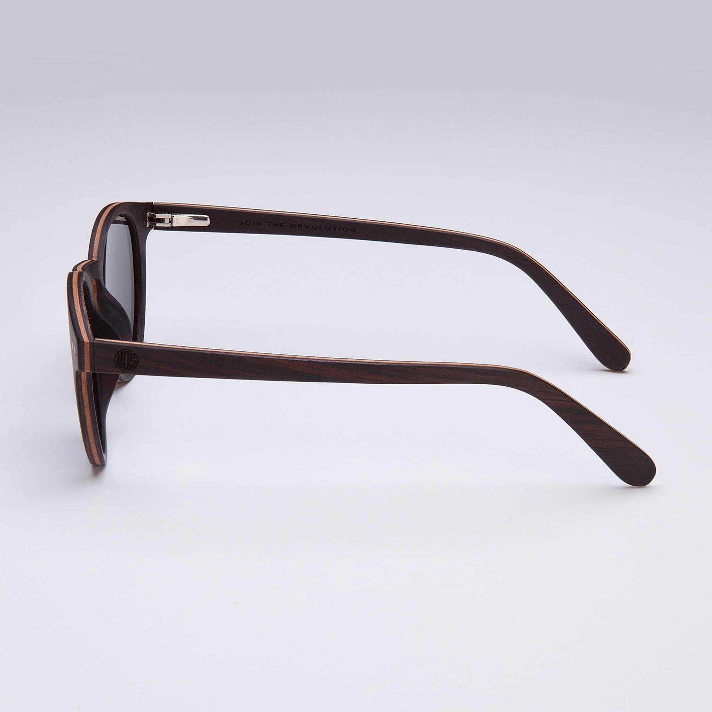 Circular ebony wood sunglasses with orange lenses and hand-finished natural wood grain frame