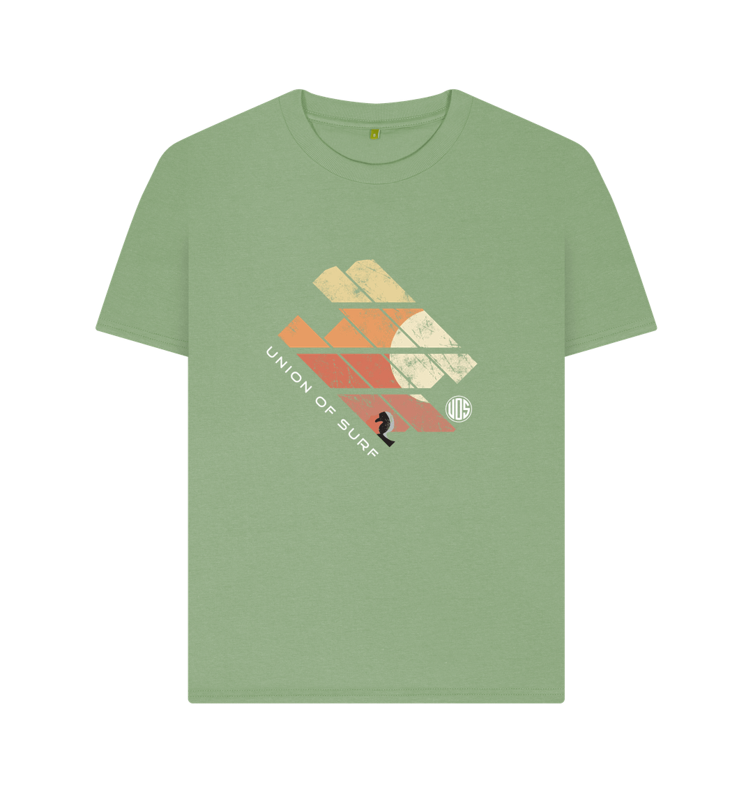Union of Surf women's graphic sage green t-shirt with sunset design