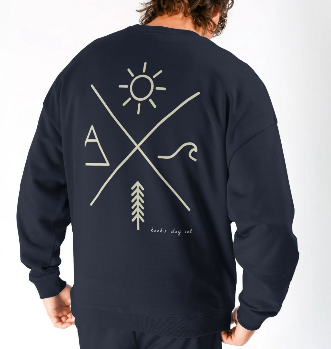 Mens relaxed fit sweater with surf print on the rear.