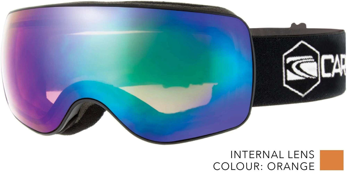 Carve RUSH goggles with a wide blue-purple mirrored lens, black adjustable strap, and black foam padding frame.