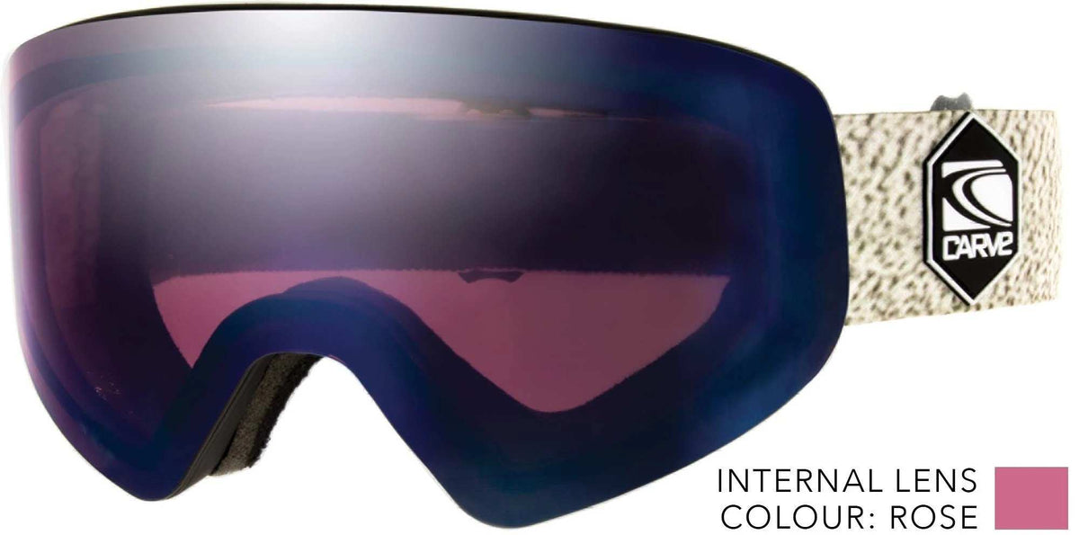 Carve INFINITY snow goggle with a large dark blue frame, rose-colored reflective lens, and white patterned adjustable strap with logo.