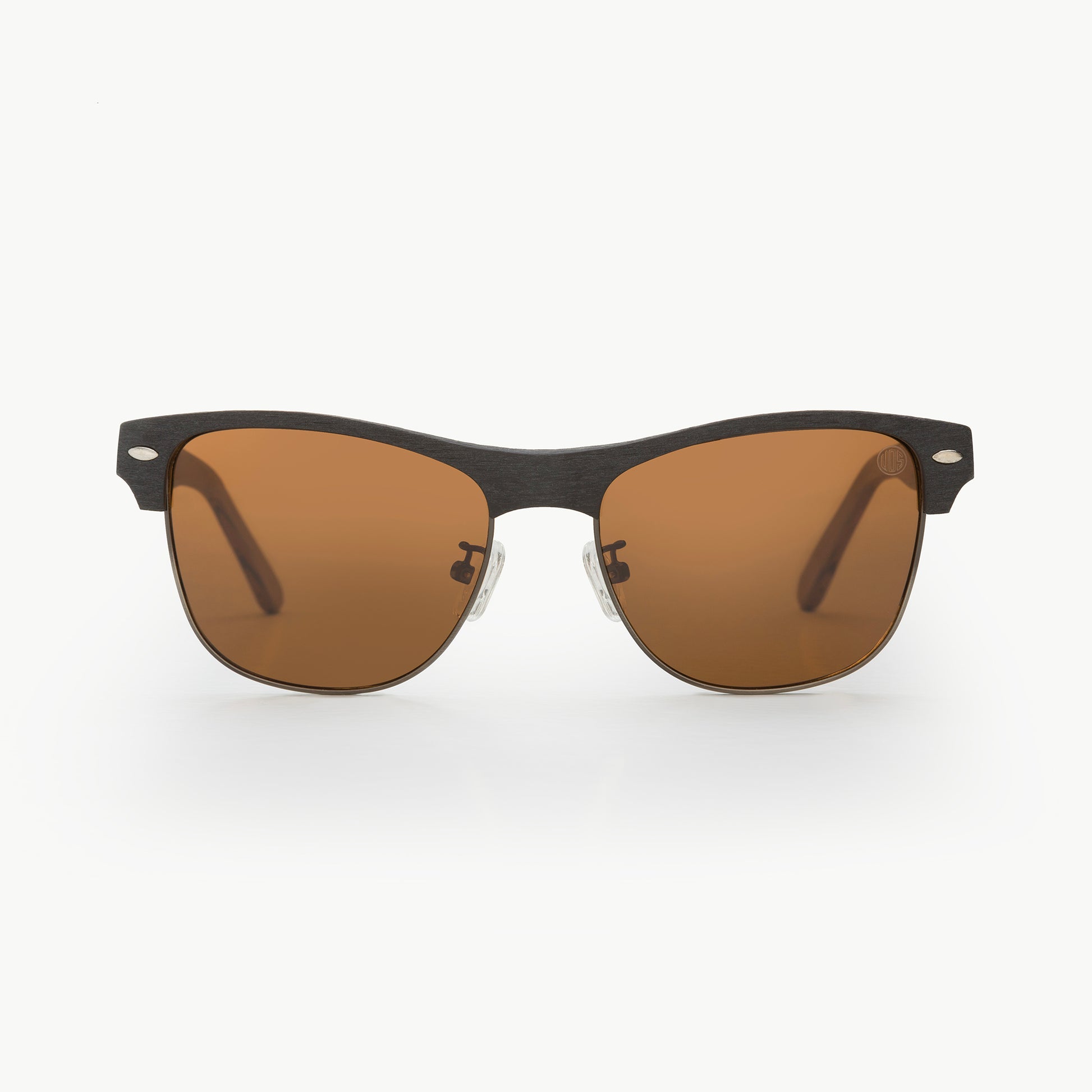 Sunglasses with black frame and brown lenses on a white background