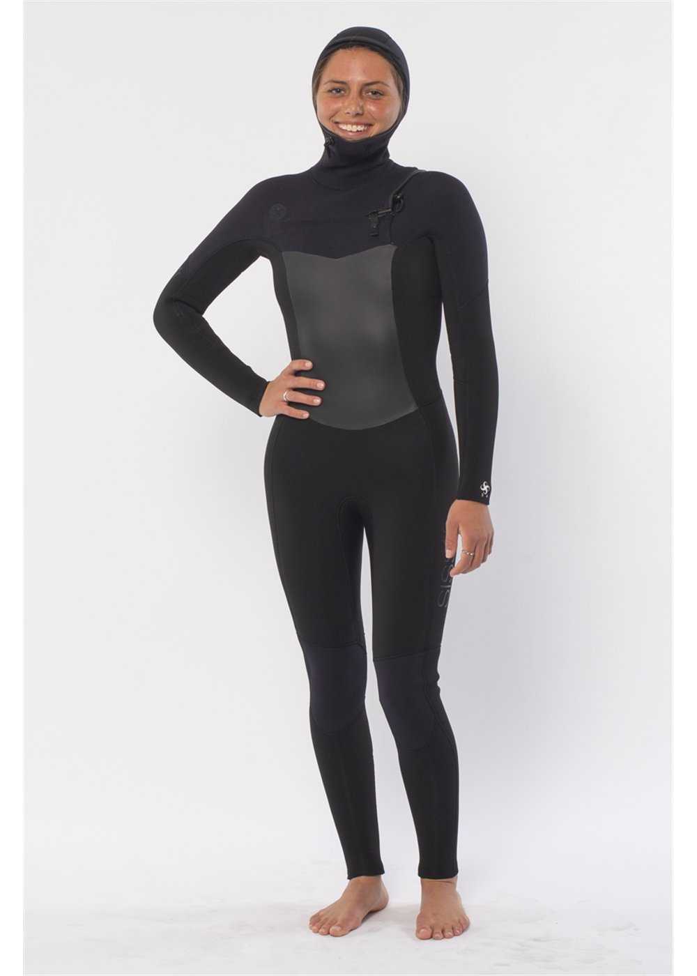 Sisstr 7 seas black hooded wetsuit with chest zip, smooth chest panel, and full-length sleeves and legs made of neoprene and nylon
