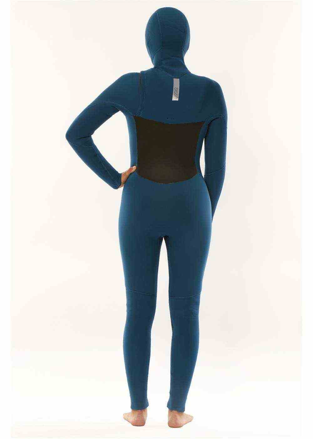 Sisstr 7 Seas 6/5 Hooded Chest Zip Wetsuit in blue stretch neoprene, with a black back panel and attached hood.