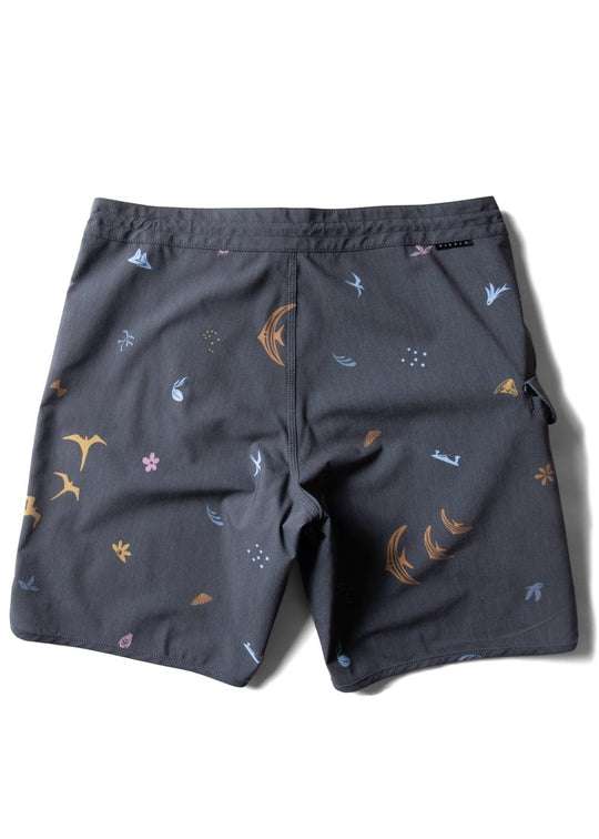 Vissla Miyashiro Island Stargazer Boardshort in charcoal stretch fabric with scattered colorful island-inspired bird and motif prints.