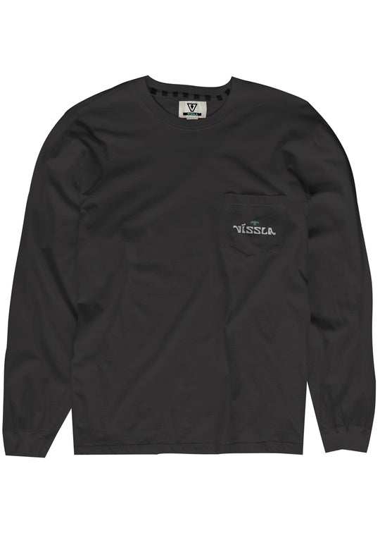 Vissla West Winds LS Pocket Tee, charcoal cotton long-sleeve shirt with a chest pocket and small white logo print.