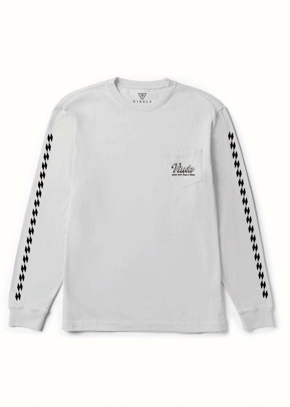 Vissla Handmade Premium long sleeve T-shirt in light gray cotton with black sleeve graphics and a small chest logo print.