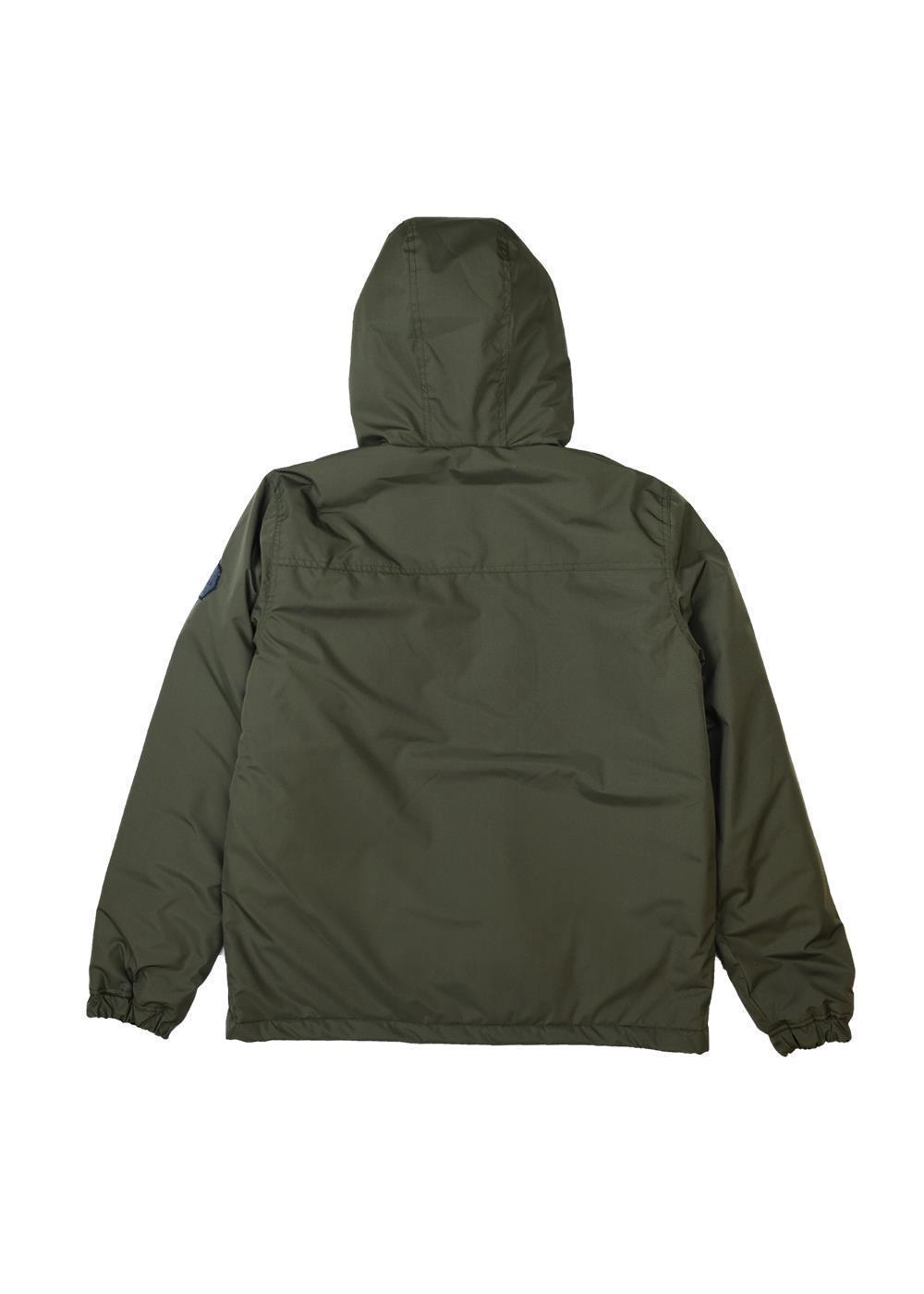 Vissla Kanen Reversible Jacket in solid dark olive polyester, featuring a hood, elastic cuffs, and a plain back panel.