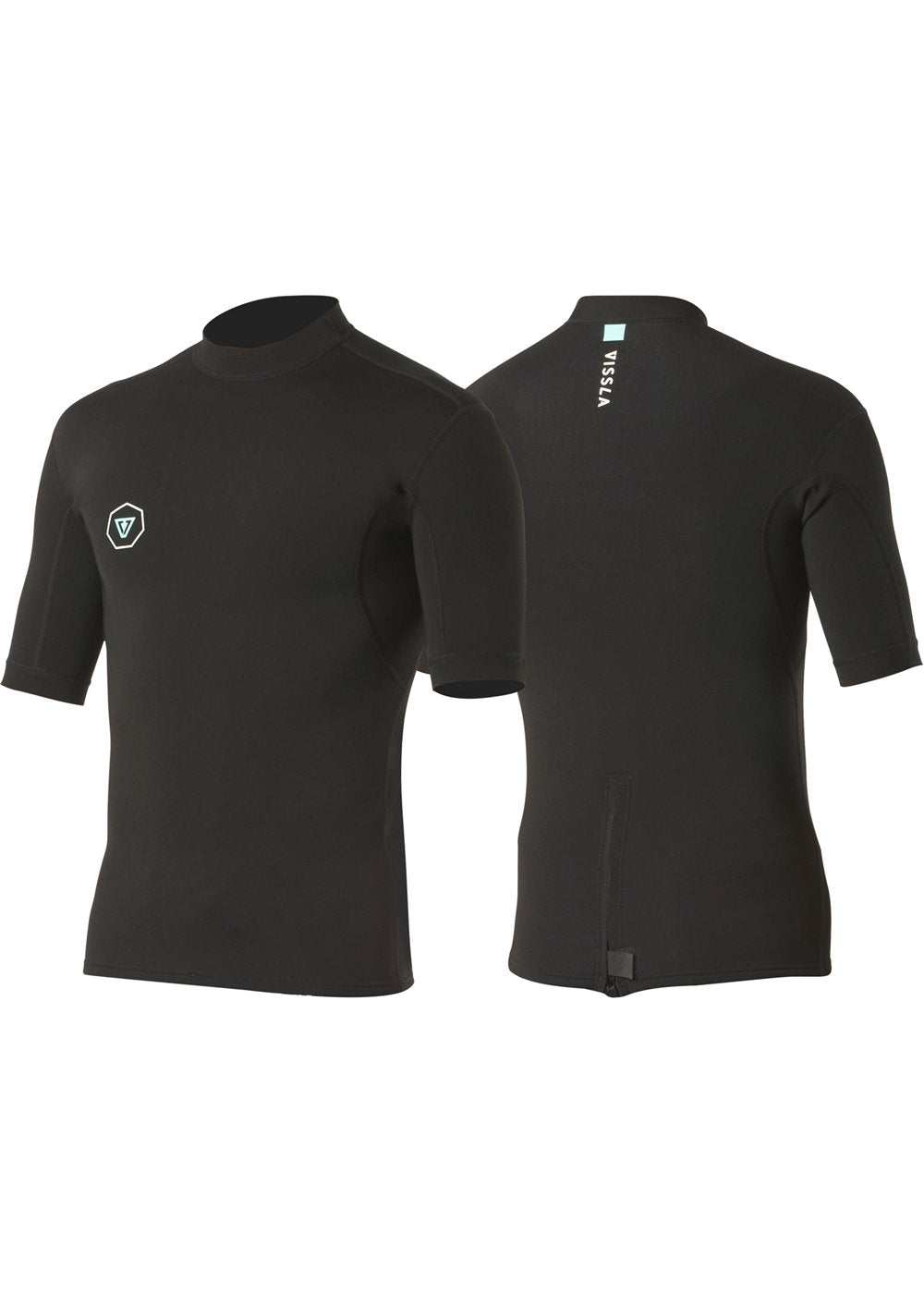 Vissla 7 Seas 1mm Short Sleeve Wetsuit Jacket in black neoprene with short sleeves, back zip, and logo details on front and back