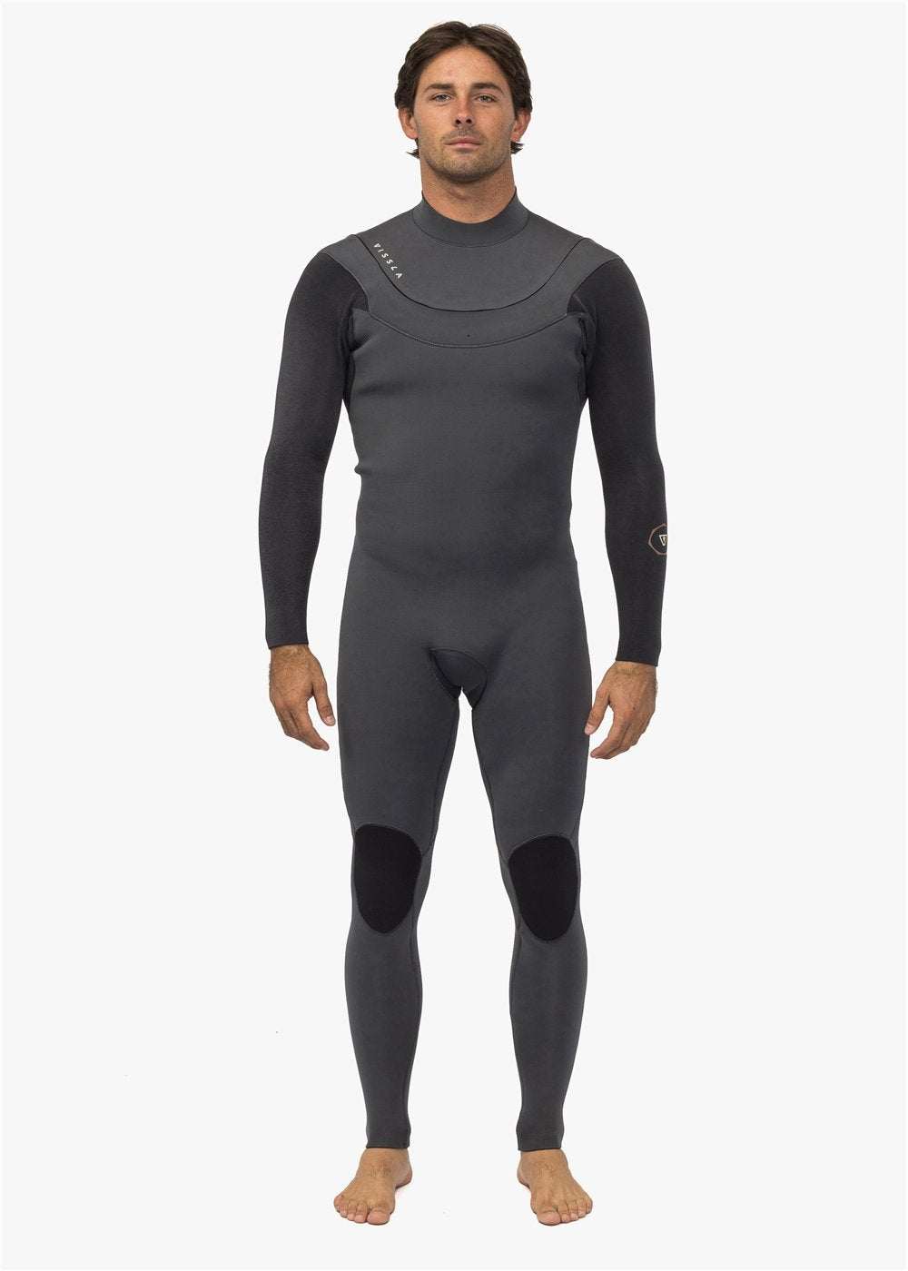 Vissla New Seas 4-3 V-Zip Wetsuit in dark grey with black knee pads, long sleeves, high collar, and smooth neoprene material.