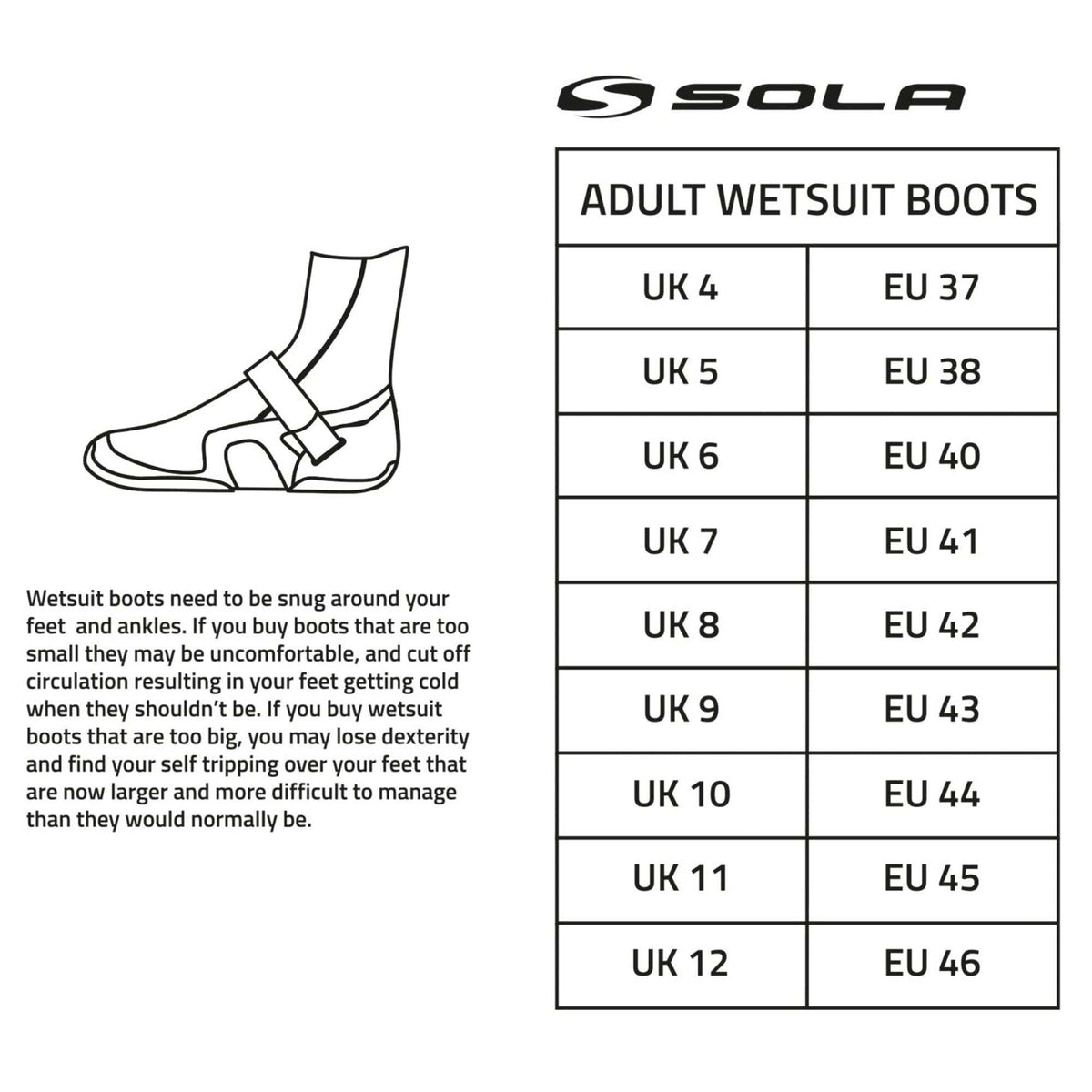 Sola 5mm Zip Boot sizing chart with black-and-white text, UK and EU size conversions, and a line drawing of a wetsuit boot.