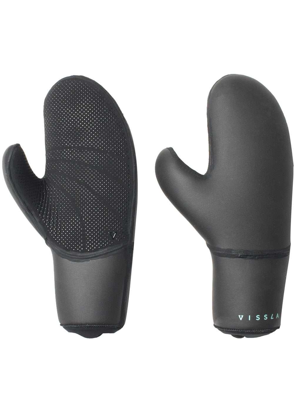 Vissla 7 Seas black neoprene wetsuit mittens with silicon grip palms, smooth skin exterior, and water-tight cuffs
