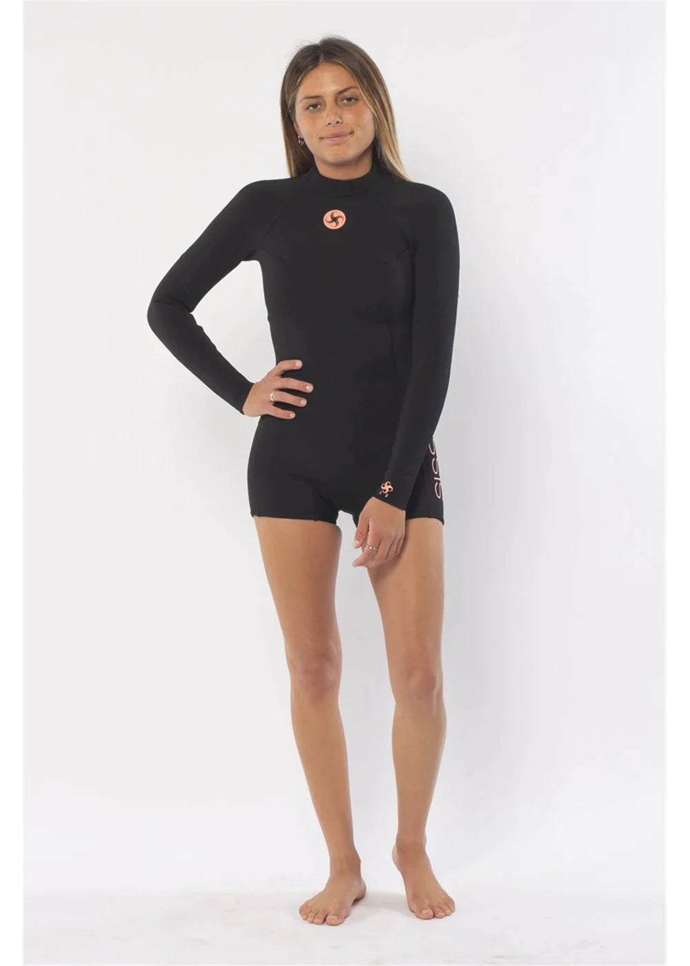 Sisstr Summer Seas spring suit in solid black neoprene, with long sleeves, a high neck, and boy-short legs.