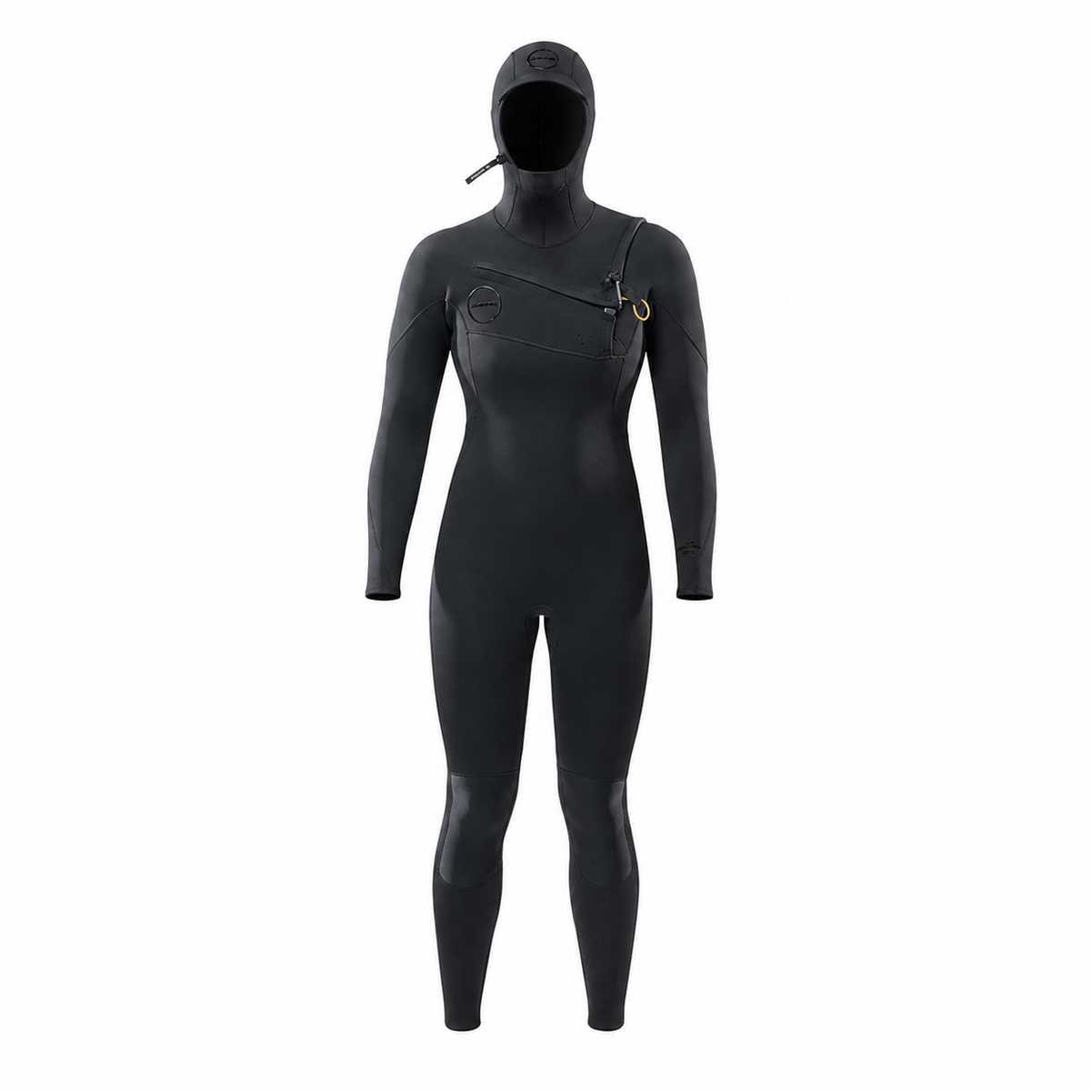 Dakine womens Mission plus black full-body hooded wetsuit with chest zipper and sealed seams for cold water protection