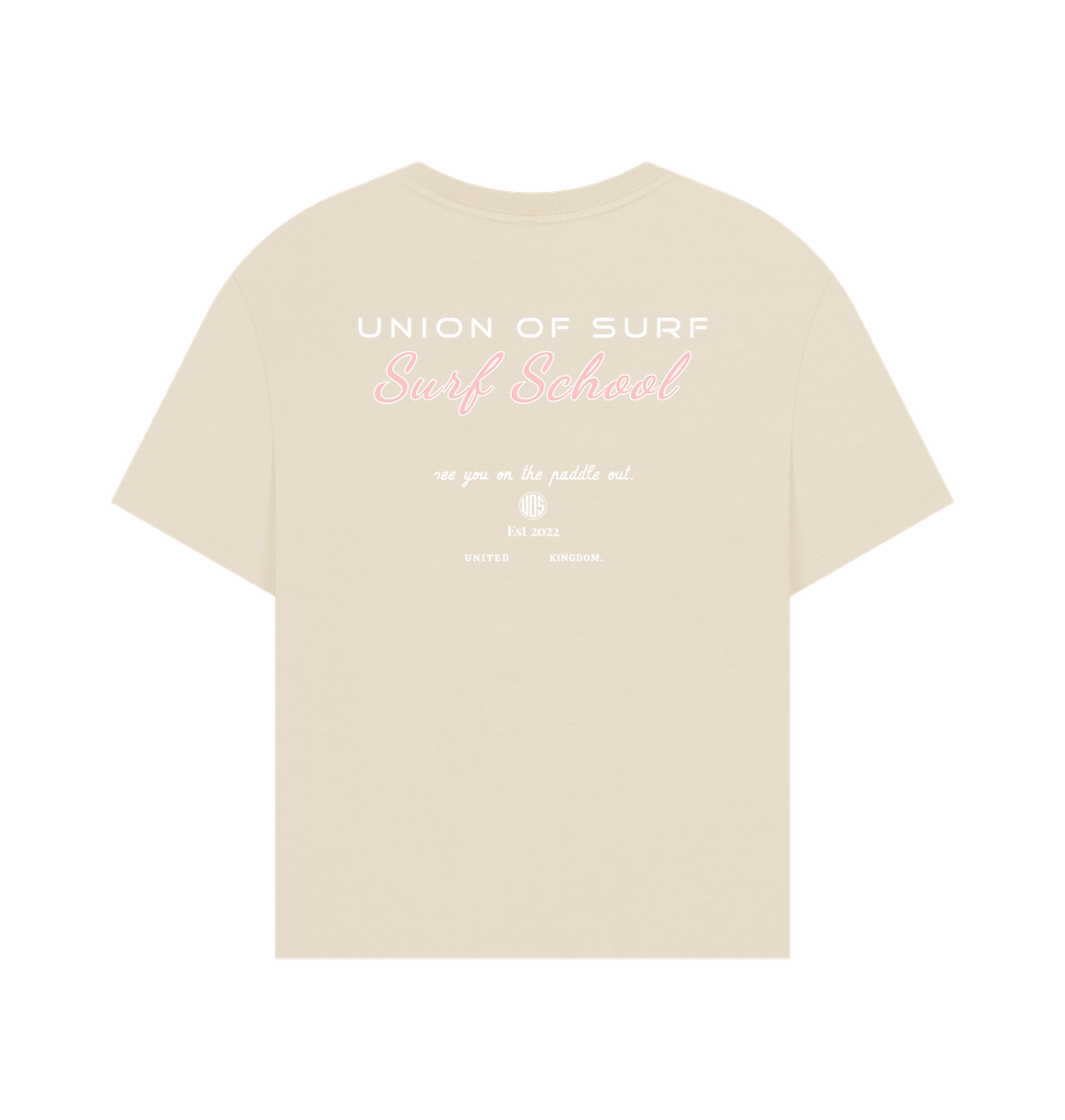 Womens oversized surf school graphic tee made from organic cotton with eco-friendly production