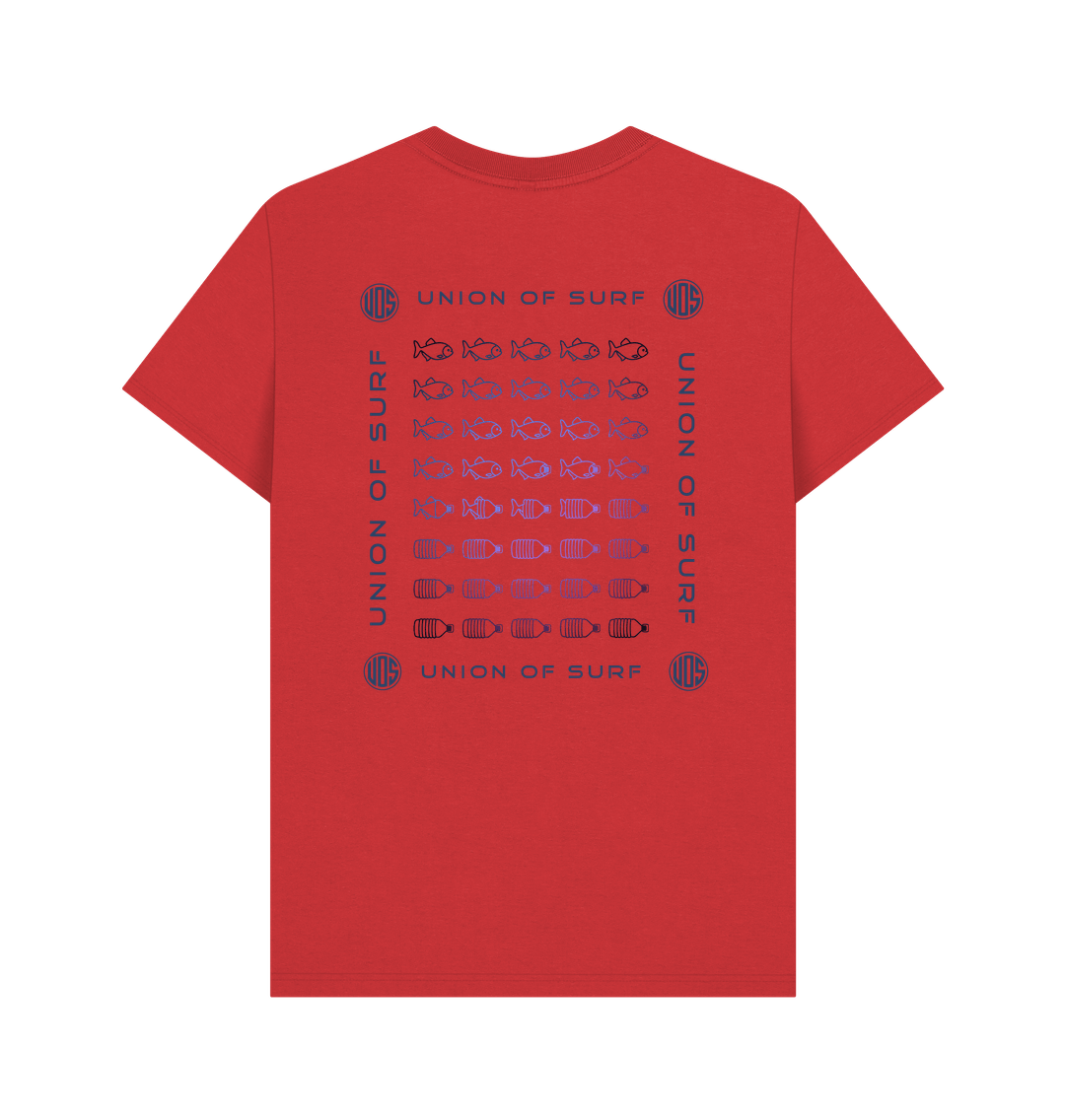 Mens graphic tee made of organic cotton with Fish v Plastic design promoting sustainability