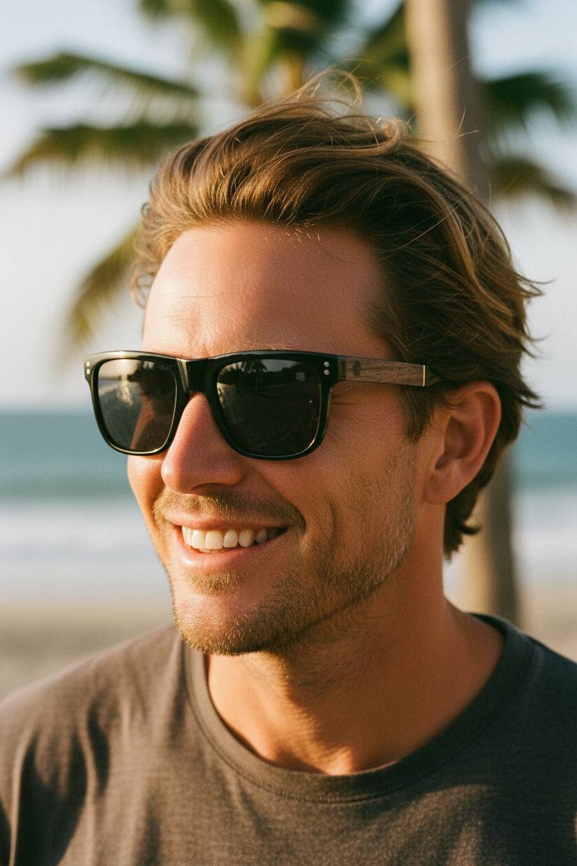Driftwood Polarised Sunglasses with eco-friendly cellulose frame and natural wood arms, featuring premium polarised lenses and classic square design.