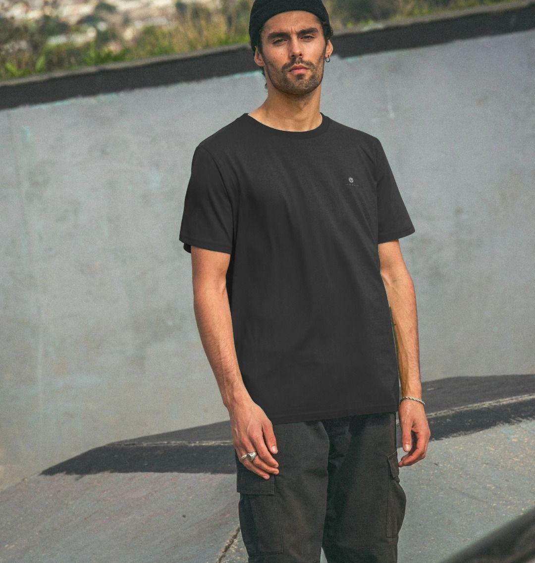 Model wearing Relaxed Fit Organic T-Shirt on at the skate park