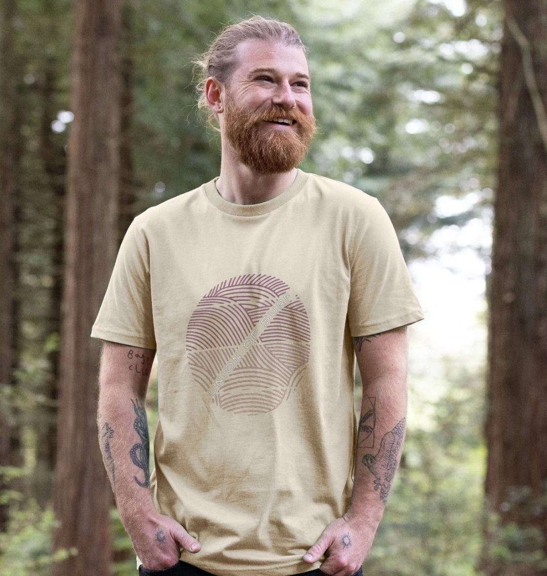 organic cotton mens coastal print t shirt worn on a hike