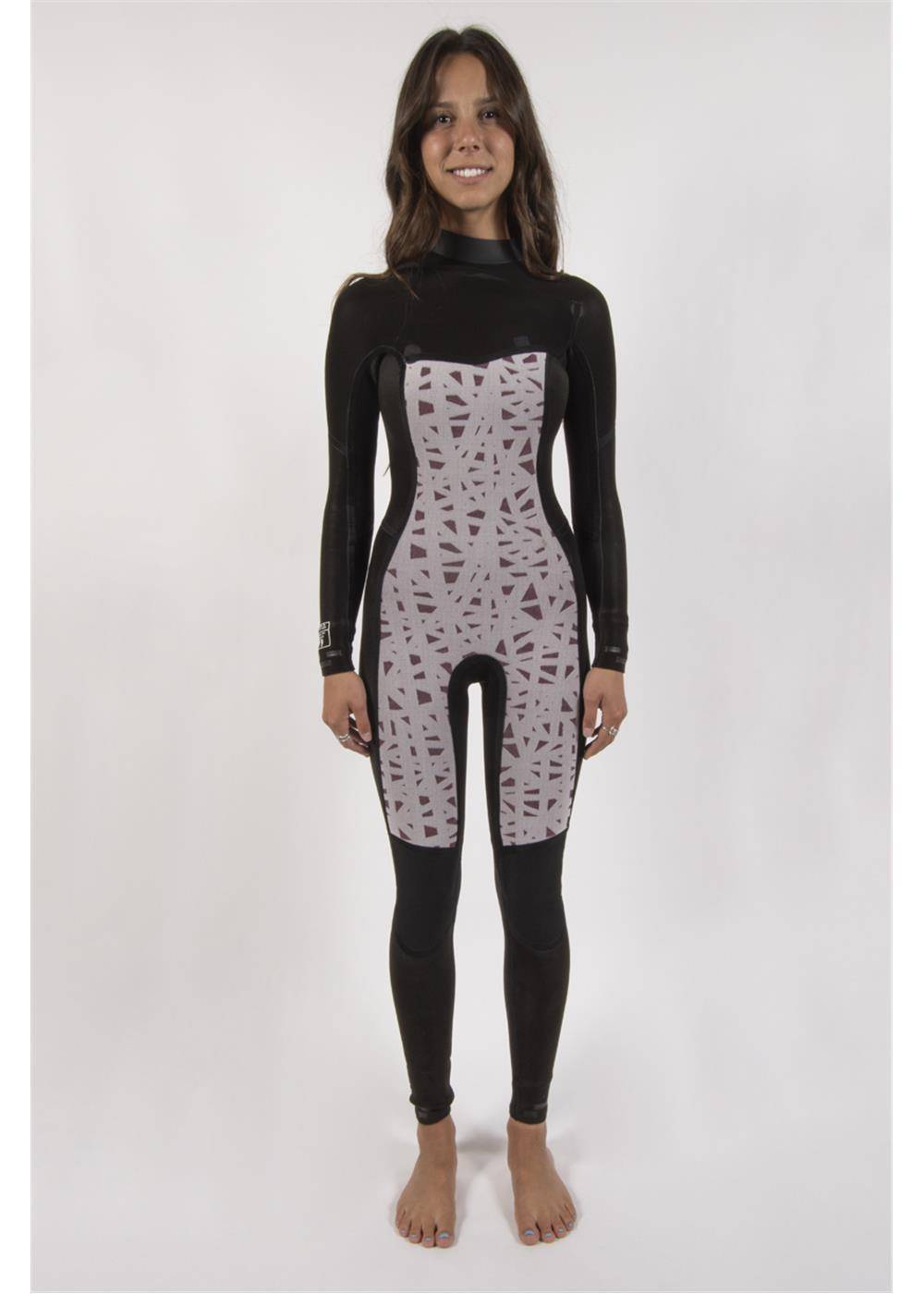 Sisstr 7 Seas 3/2 chest-zip wetsuit in black with a pale geometric patterned front panel and full-length legs.