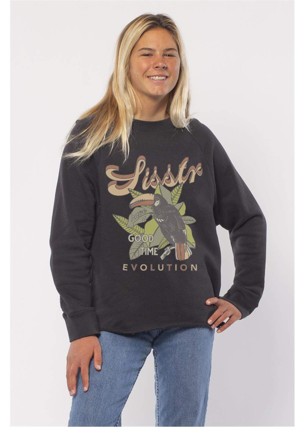 Sisstrevolution Tropical Crew sweatshirt in charcoal knit fleece, featuring a colorful toucan and tropical foliage chest graphic with ribbed cuffs.