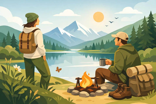 Outdoor apparel featuring earth-toned hoodies, green pants, and accessories suited for camping and hiking, emphasizing Organic clothing.