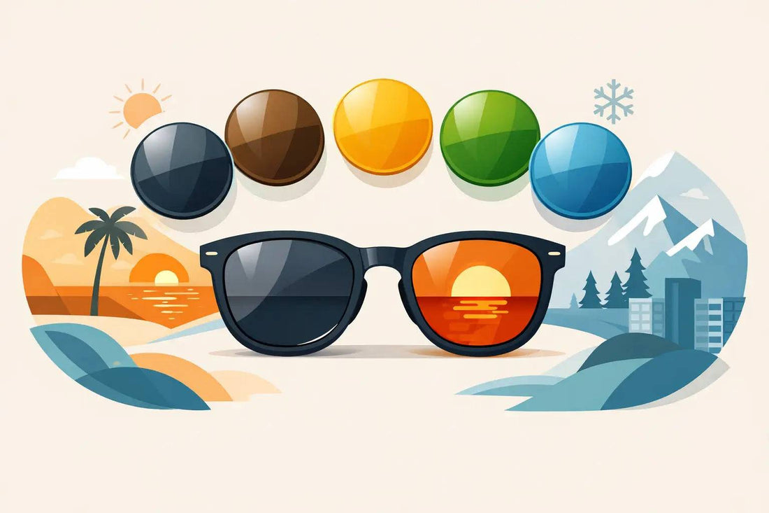 Stylized black sunglasses with one grey and one orange lens, surrounded by icons representing different Sunglass Lens Colours: grey, brown, yellow, green, and blue.