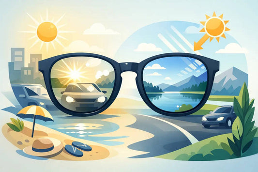 Woman wearing polarised sunglasses lenses outdoors with glare-free clear vision