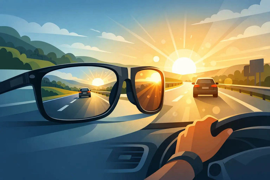 Driving sunglasses with black rectangular frames and polarized lenses showing reduced glare from bright sunlight on a highway, illustrating the best sunglasses for driving glare.
