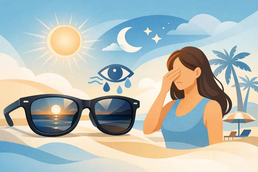 Illustration showing black framed sunglasses with reflective lenses and a woman shielding her eyes from bright sunlight, emphasizing the Best sunglasses for sensitive eyes.