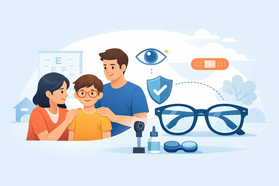 Illustration of a family with a child wearing red glasses, accompanied by eyeglasses, eye care icons, and medical equipment representing children’s eyewear safety.