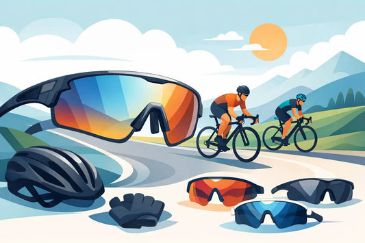 Cyclist wearing stylish sports sunglasses for cycling on a sunny road ride