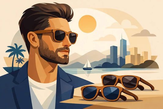 Stylish wooden sunglasses for men with natural wood grain frames and polarized lenses
