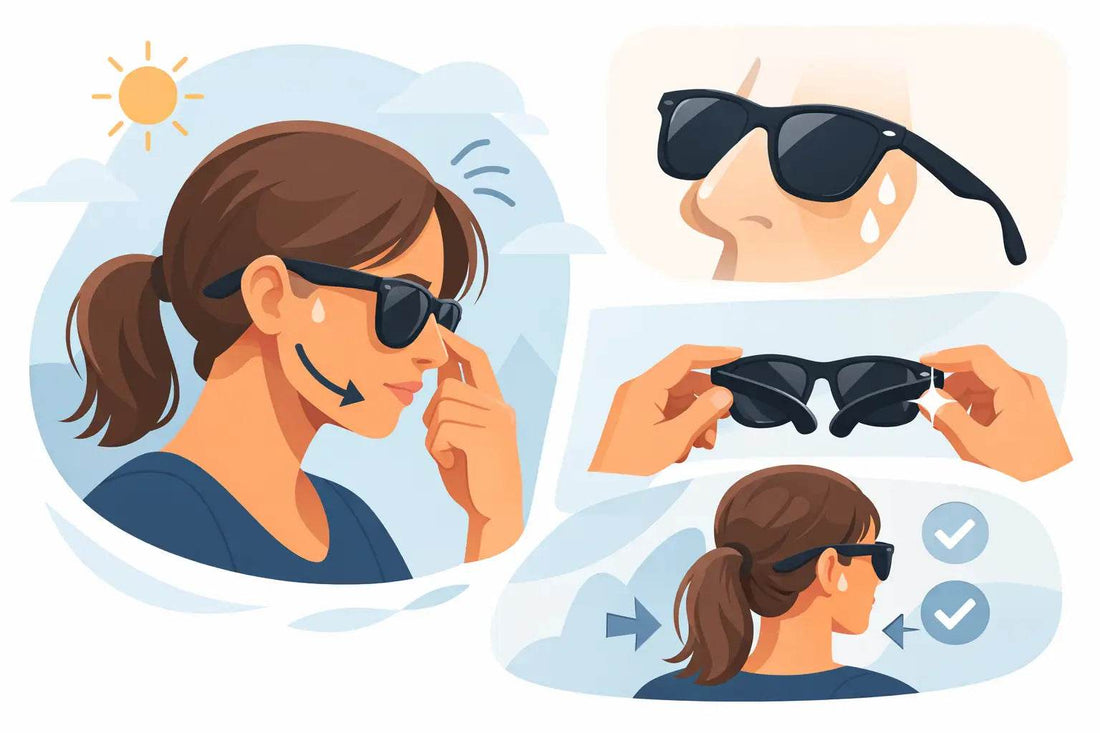 Illustration showing black plastic sunglasses with a woman adjusting them to prevent sunglasses slip caused by sweat and poor fit.