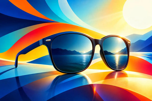 Glare Reduction Sunglasses with dark blue lenses and black frames, featuring a reflective finish and classic rounded shape.