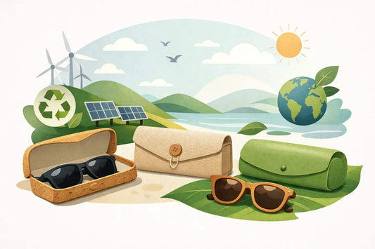 Eco friendly sunglasses case set featuring cork, beige fabric with button, and green pouch styles alongside sunglasses and eco-themed background.