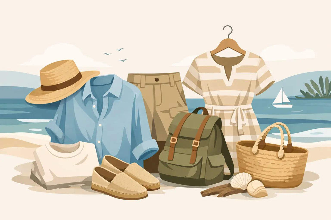Organic coastal style clothing including a light blue rolled-sleeve shirt, striped beige dress, khaki shorts, white tee, straw hat and espadrilles with a green backpack and woven bag.