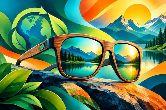 Wooden sunglasses with warm brown frames and blue-green mirrored lenses, featured in Sustainable Eyewear Brand Examples artwork.