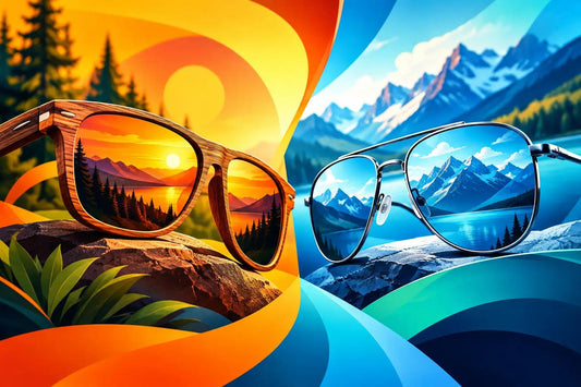Wood Sunglasses vs Metal Frames with brown wood-grain and slim silver metal frames, tinted lenses, contrasting warm and cool designs
