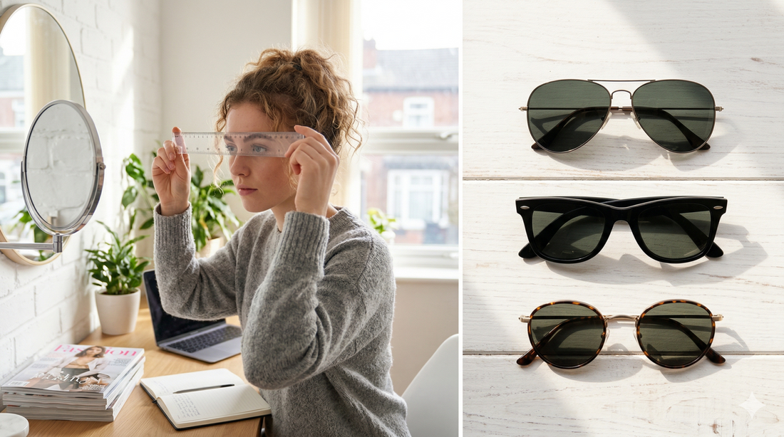 illustration of sunglasses size guide showing frame measurements for perfect fit