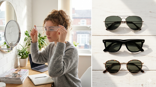 illustration of sunglasses size guide showing frame measurements for perfect fit